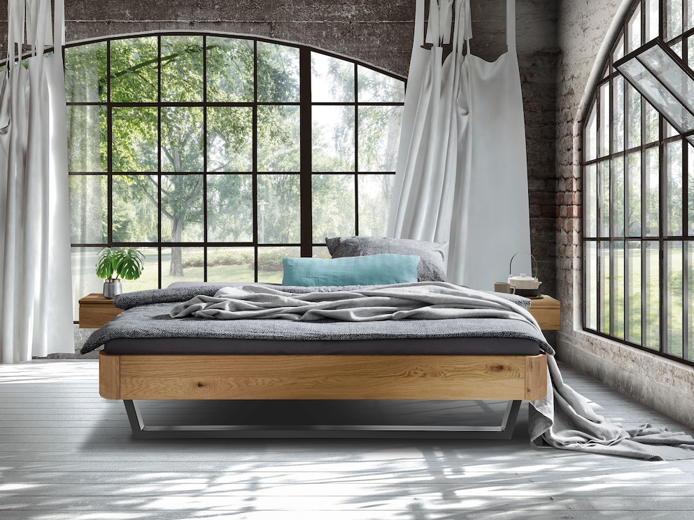 Svariata-Acero zonder hoofdeinde, hier in wild eikenhout en met rond bedframe