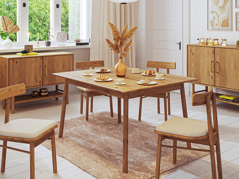 Tafel "Serea" – strakke lijnen en mid-century charme, hier in massief wildeiken