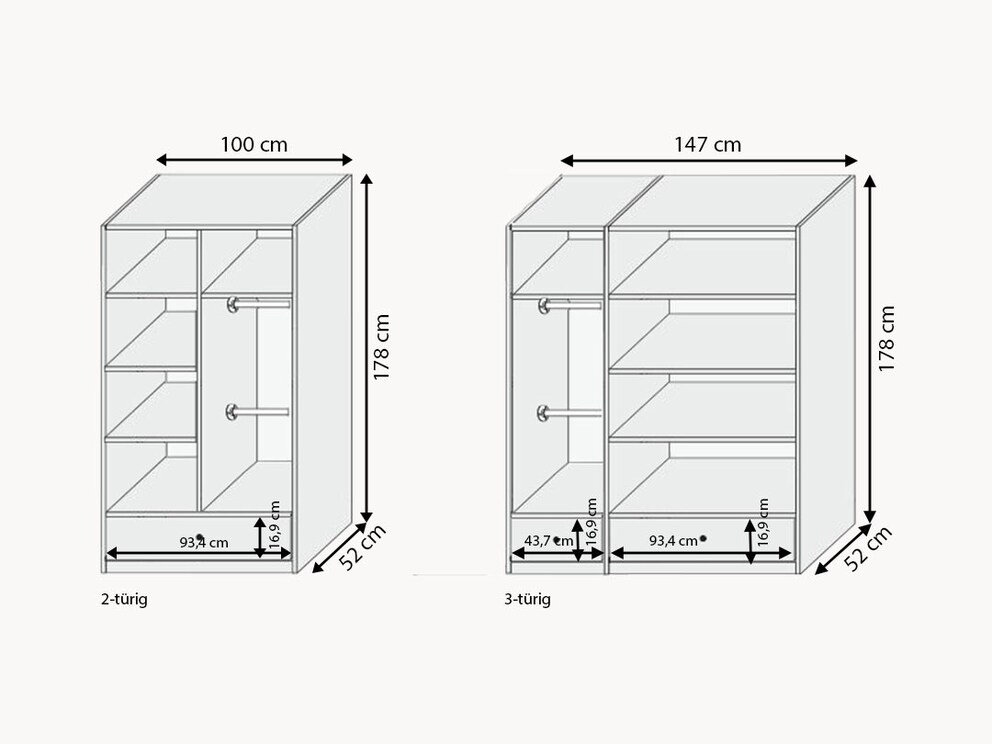 Schematische voorstelling van de binnenindeling van het kabinet, inclusief afmetingen