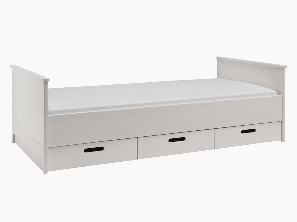 Mit weißer Oberfläche wirkt das Bett noch moderner - hier mit separat erhältlichen, praktischen Schubkästen