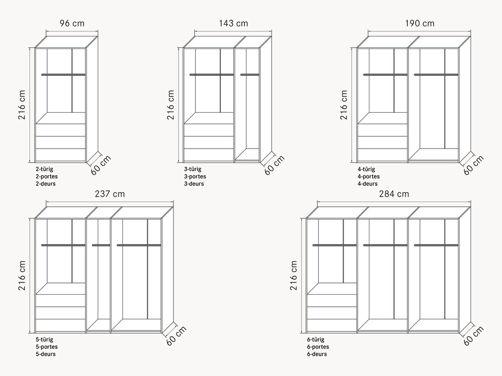 50 raster - schematische, gedimensioneerde weergave van de kastvarianten