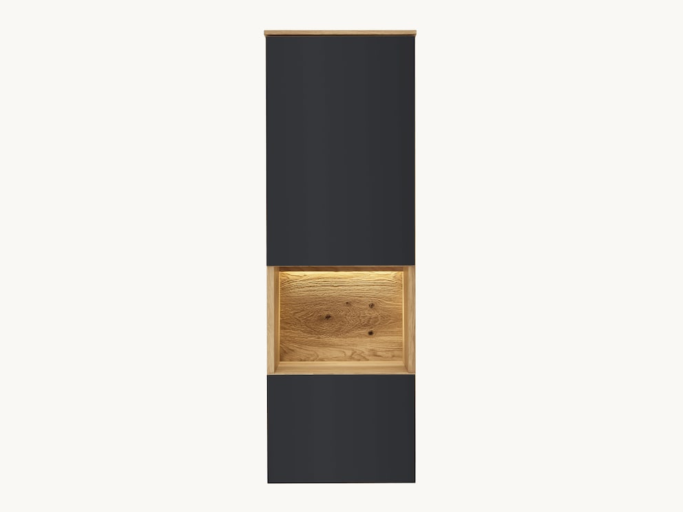 Slanke Fira wandkast met elegante antraciet glazen deuren en open element
