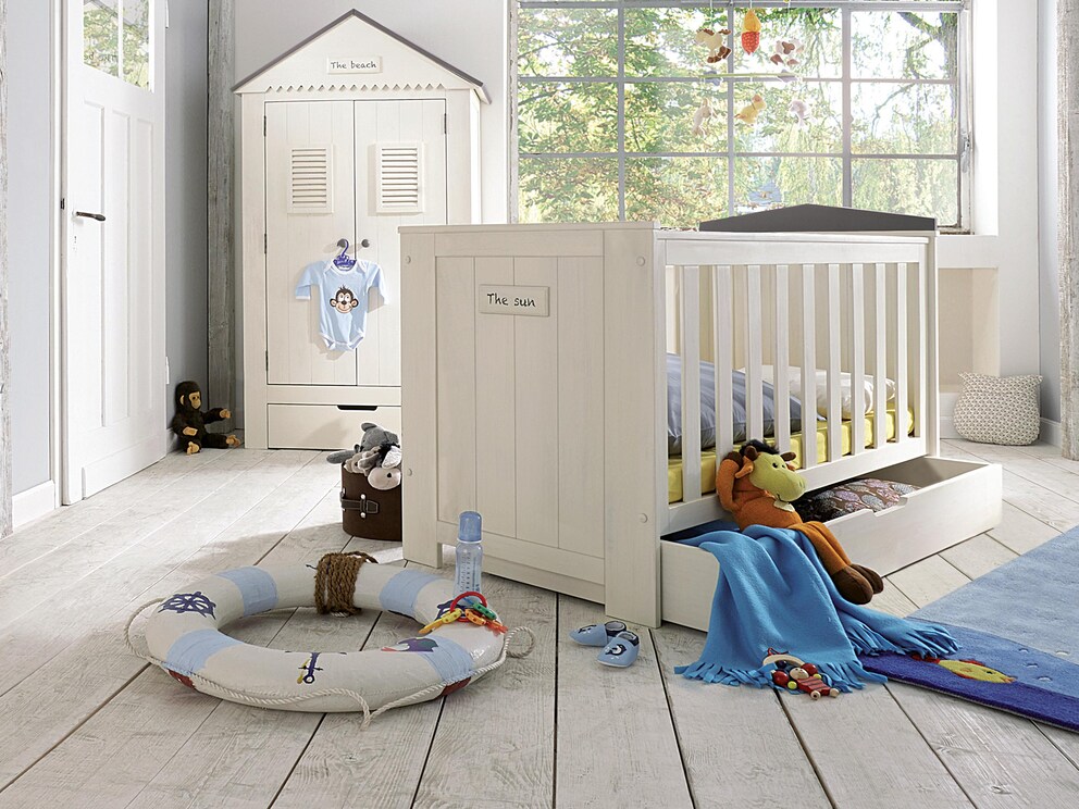 Kinderbed Sunny van massief grenen hout in wit met grijze accenten