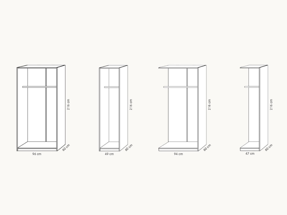 Afzonderlijke modules in een raster van 50 mm incl. afmetingen