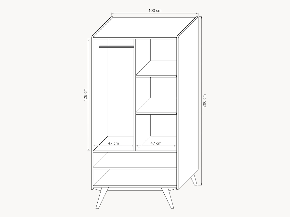Schematische voorstelling van de indeling van het kastinterieur