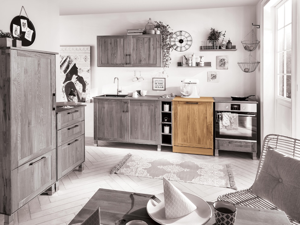 Variante 03 du module lave-vaisselle avec façade à l'aspect attrayant de cassettes en bois de chêne rustique