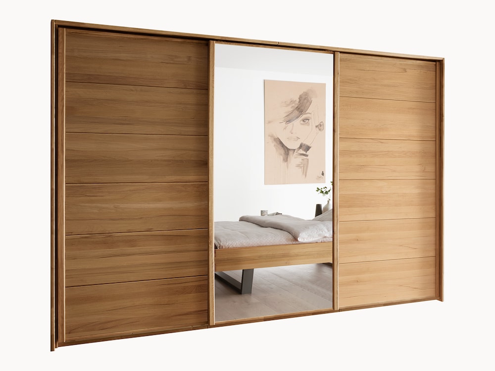 Armoire à portes coulissantes « Fiona », spacieuse 3 portes en cœur de hêtre massif avec porte à miroir