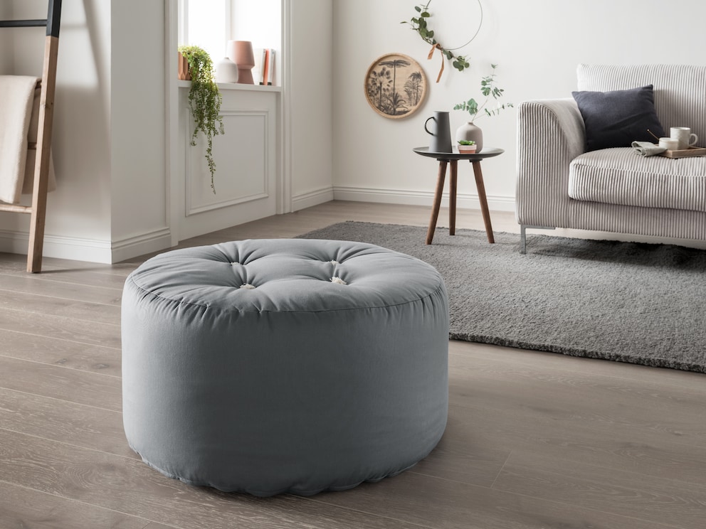 Pouf Vimo in klassischer runder Form - Sitzhöhe hoch, Baumwollbezug in grau