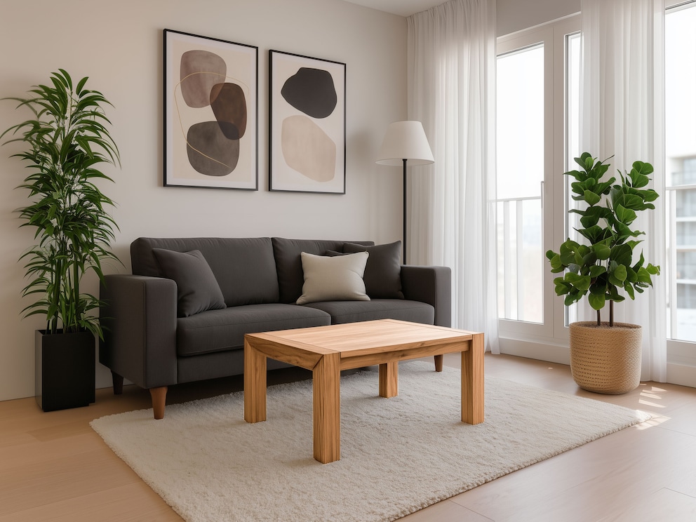De elegante nerf van het kernbeuken komt op deze strakke salontafel indrukwekkend tot zijn recht