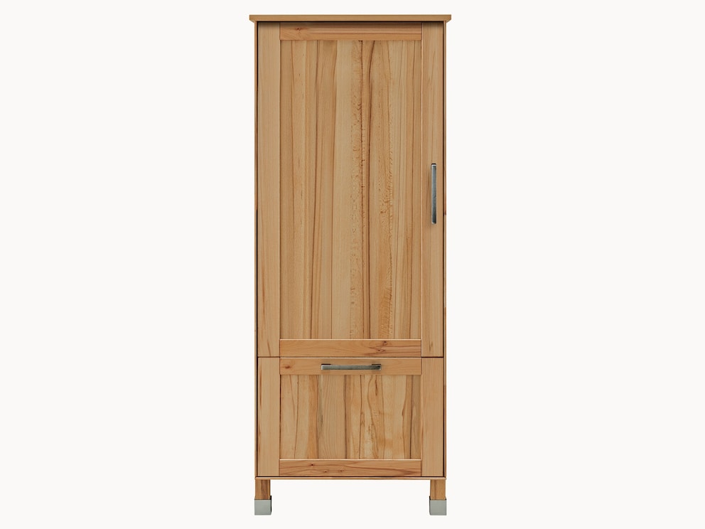 Opbergkast met grote lade in beukenhout met levendige kern en moderne metalen manchetten