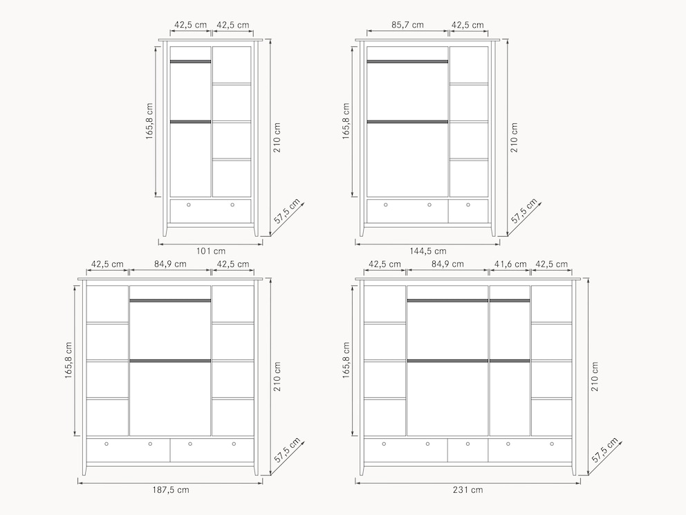 Schematische voorstelling van de indeling van het kastinterieur incl. afmetingen