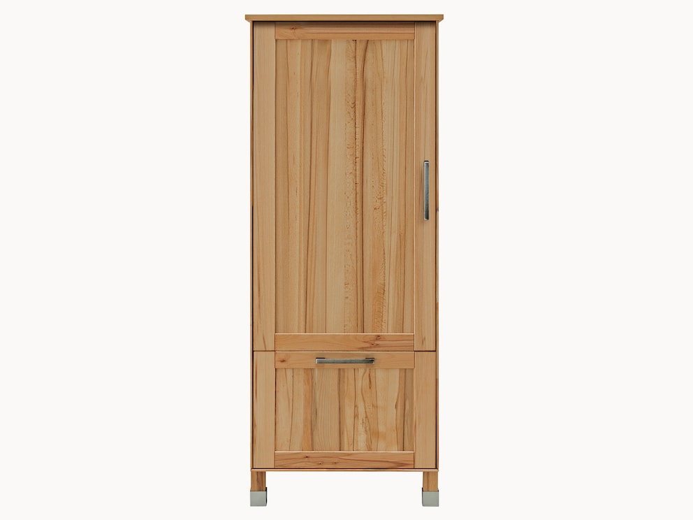 Kühlschrankmodul mit großer Schublade in lebhaftem Kernbuchenholz mit modernen Metallstulpen
