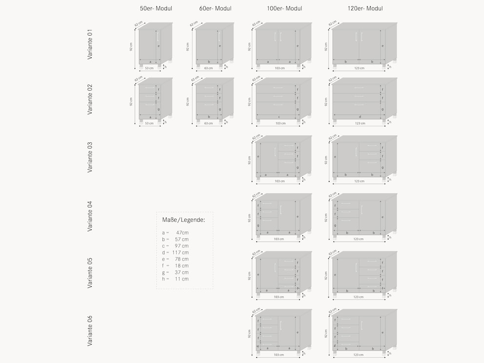 Aperçu des variantes avec les dimensions exactes