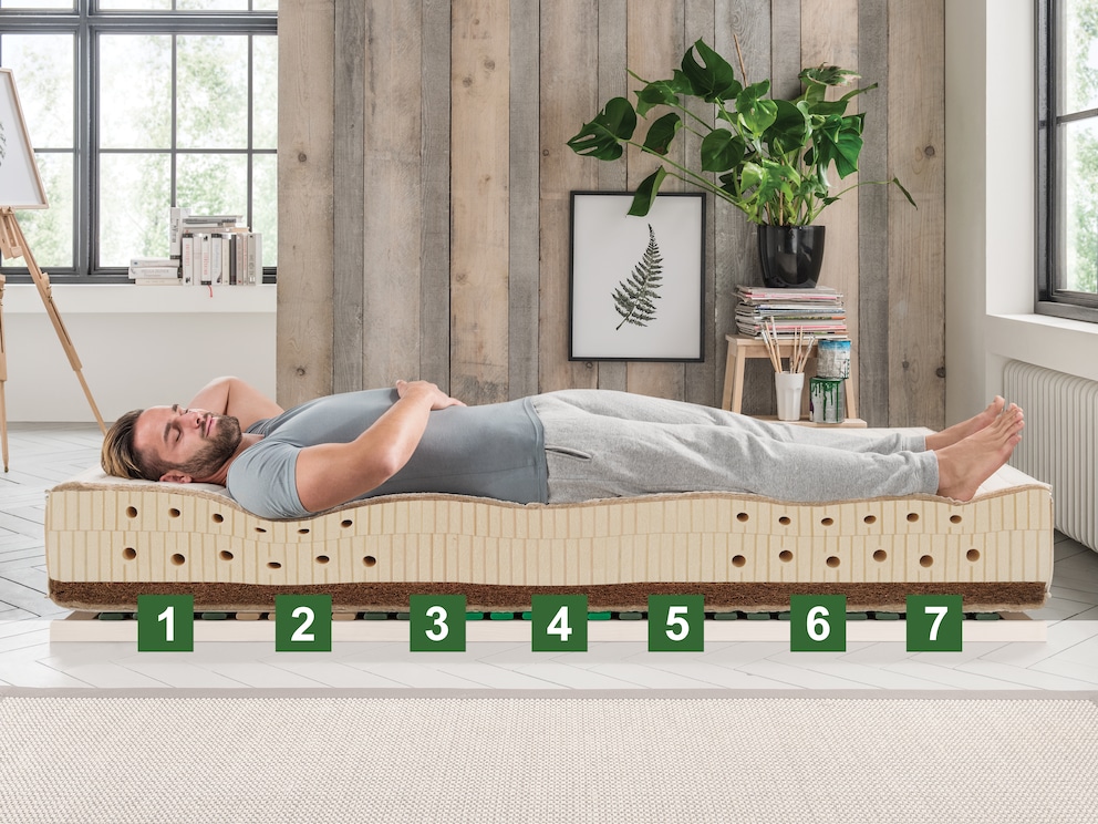 7 Liegezonen für körperangepasstes Liegen: (1) Kopf- und Nackenzone, (2) Schulter-Zone, (3) Lendenwirbel-Bereich, (4) Becken-Zone, (5) Schenkel-Zone, (6) Waden-Zone, (7) Fuß-Zone