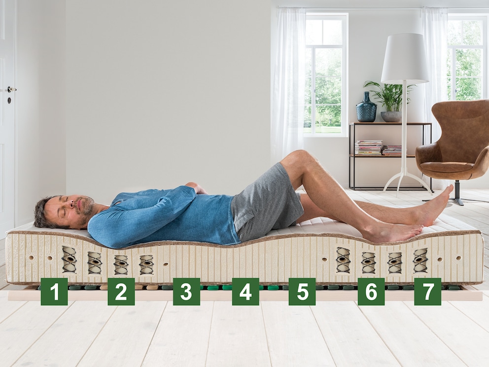 7 Liegezonen für körperangepasstes Liegen: (1) Kopf- und Nackenzone, (2) Schulter-Zone, (3) Lendenwirbel-Bereich, (4) Becken-Zone, (5) Schenkel-Zone, (6) Waden-Zone, (7) Fuß-Zone