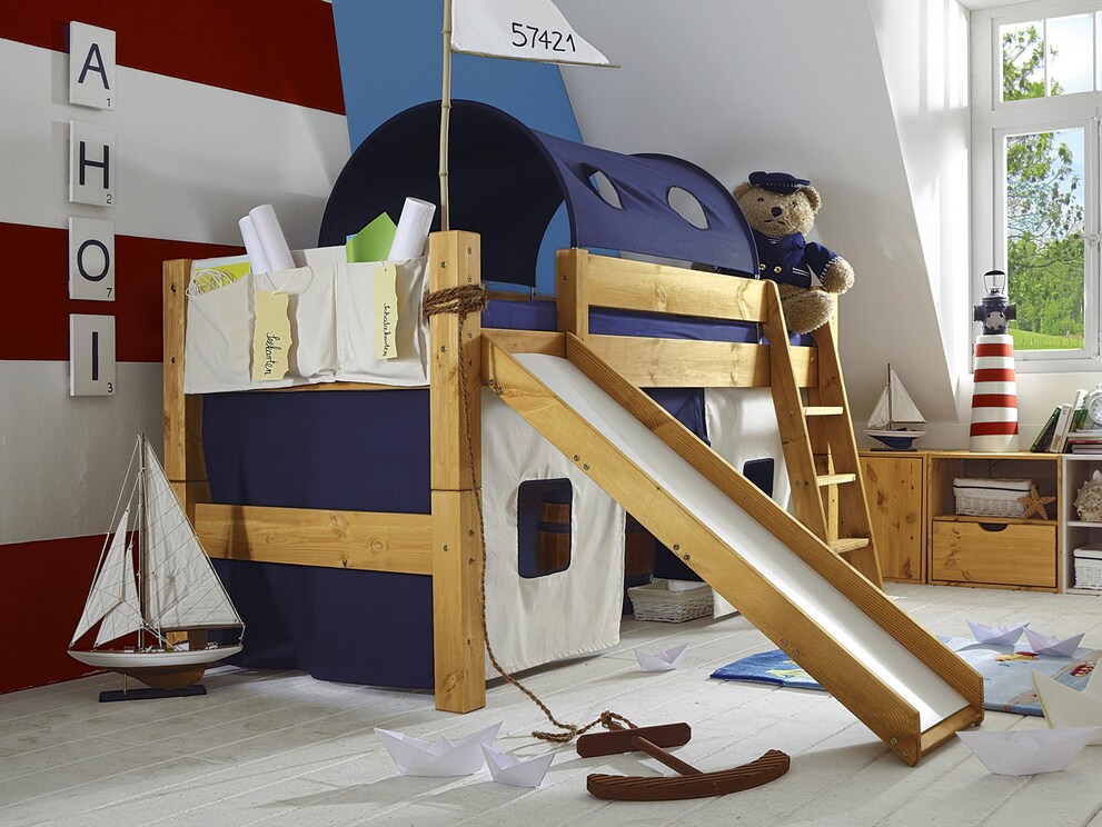 Schip Ahoy! - met stoffen accessoires in navy en natuur voor kleine kapiteins