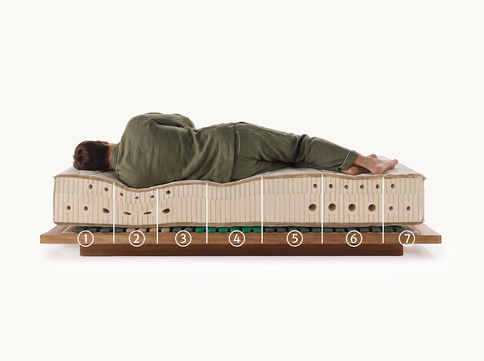 7 zones pour un couchage adapté au corps : (1) Zone pour la tête et le cou, (2) zone pour les épaules (3) zone pour les vertèbres lombaires, (4) zone pour le bassin, (5) zone pour les cuisses, (6) zone pour les mollets, (7) zone pour les pieds