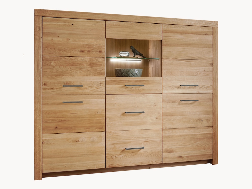 Tijdloos en rechtlijnig highboard van fijn wild eikenhout met opvallend frame