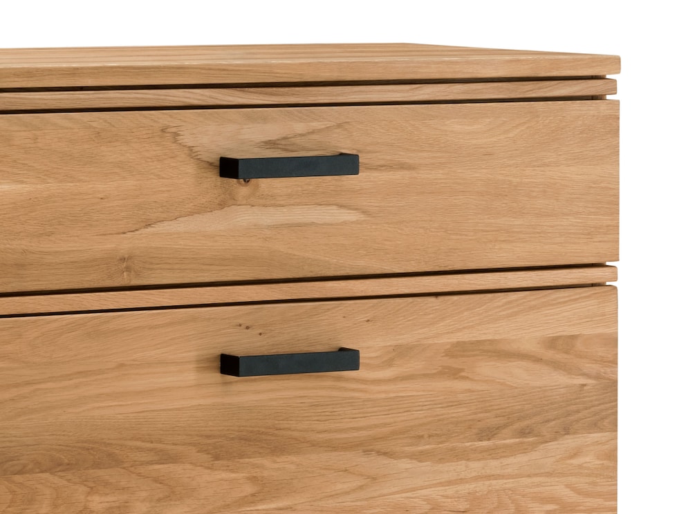 Des poignées marquantes en acier noir et du chêne sauvage noble créent un mélange de matériaux spectaculaire.