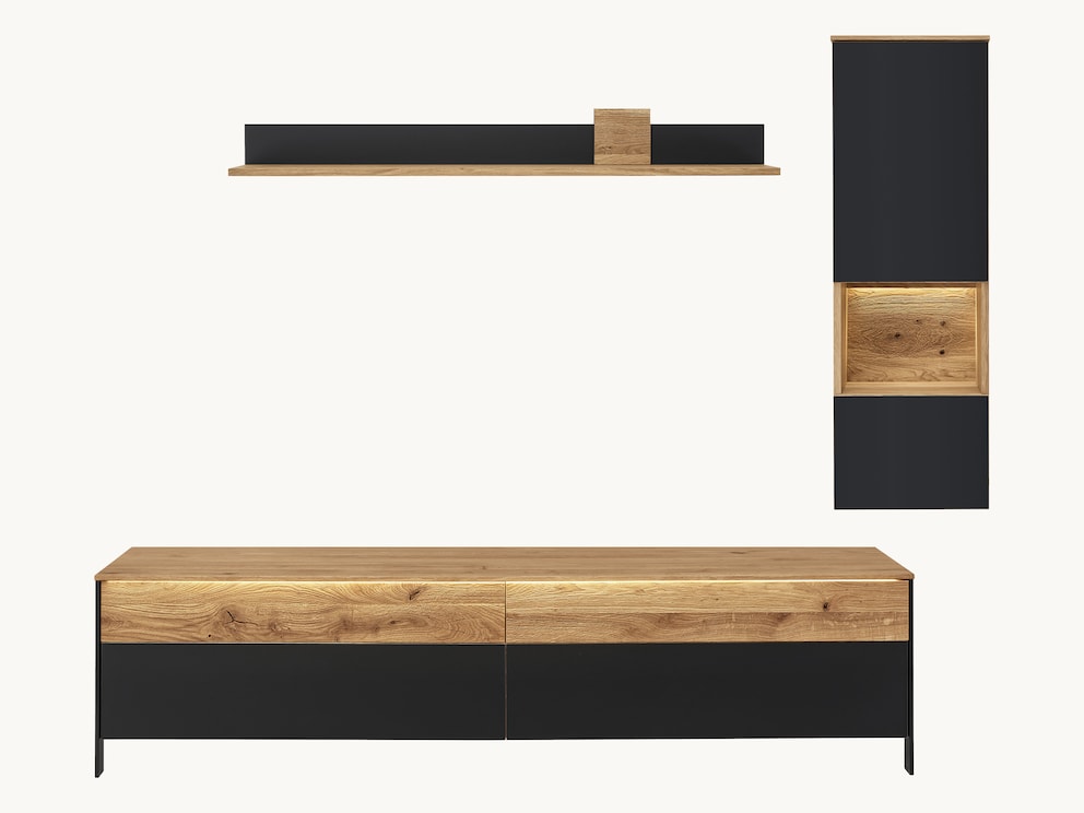 Modern met stedelijke flair - Fira woonwand in massief wild eiken, hier variant 01