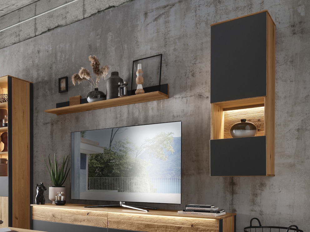 Wandkast Fira: opvallend wild eiken, modern gecombineerd met antraciet glas