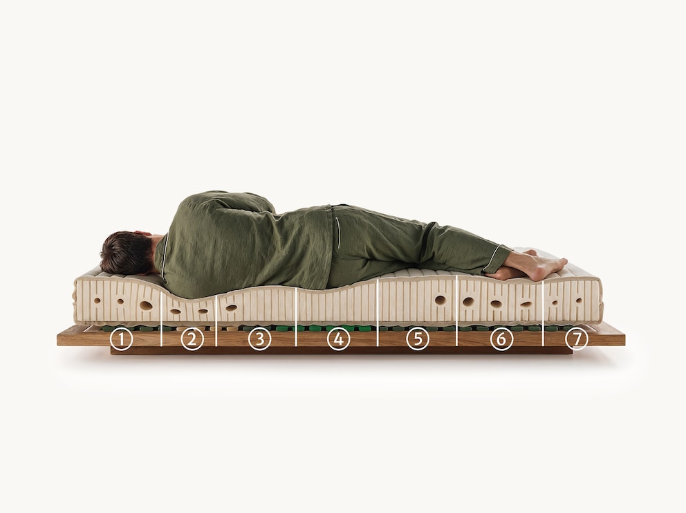 7 zones pour un couchage adapté au corps : (1) Zone pour la tête et le cou, (2) zone pour les épaules (3) zone pour les vertèbres lombaires, (4) zone pour le bassin, (5) zone pour les cuisses, (6) zone pour les mollets, (7) zone pour les pieds