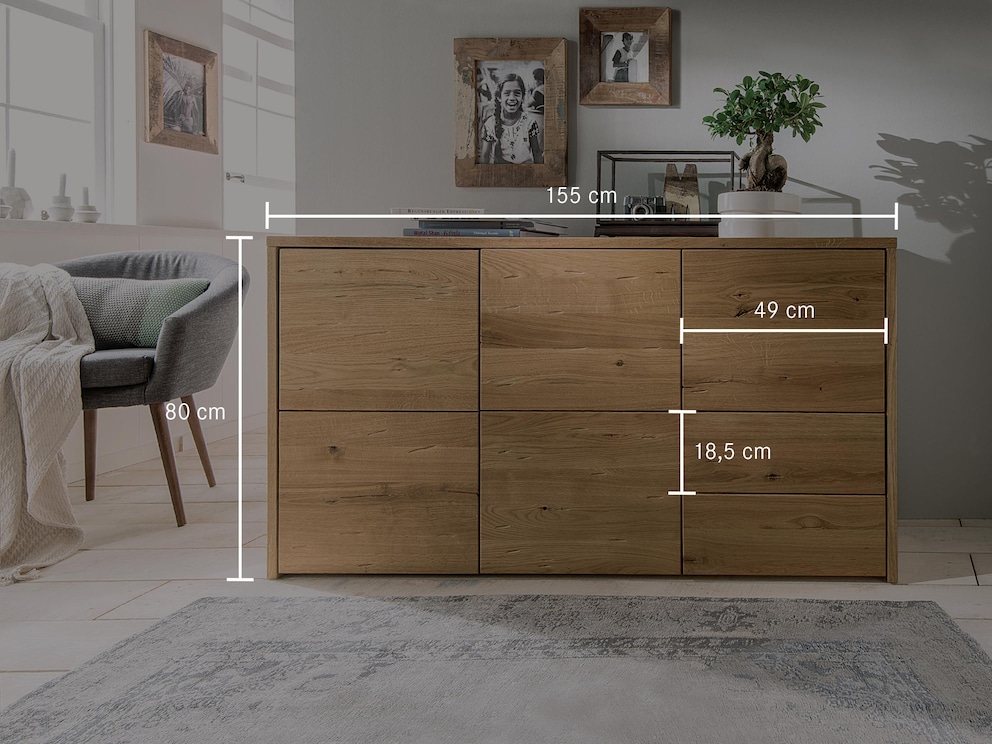 Technische illustratie van het dressoir in wilde eik