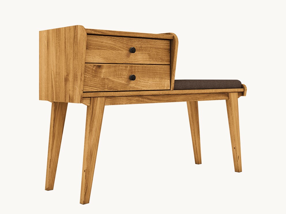 Lasala garderobebank met veel retro charme, hier variant 01 in beuken kernhout, mauve bekleding