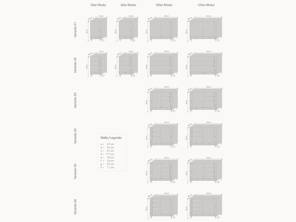 Aperçu des variantes avec les dimensions exactes