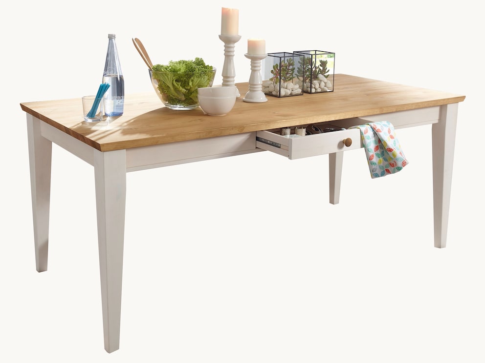 Nodig u uit aan tafel - Molina in wit-wax met eiken-kleurig geglazuurd tafelblad
