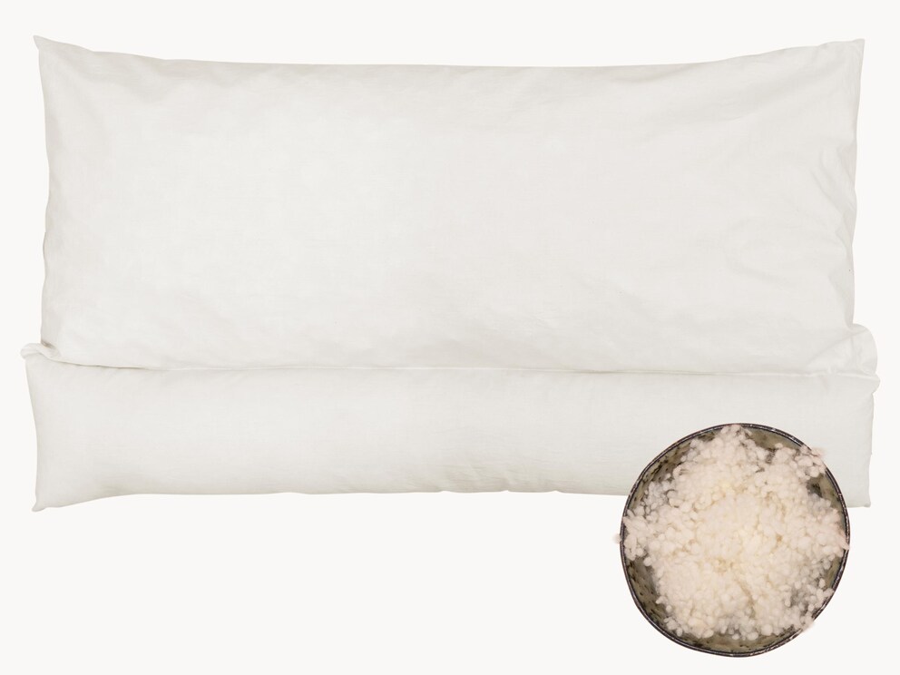 2-kamer-kussen met opbollende schapenwol (Duits keurmerk kbT) voor de nek en puntelastisch natuurlatex voor het hoofd