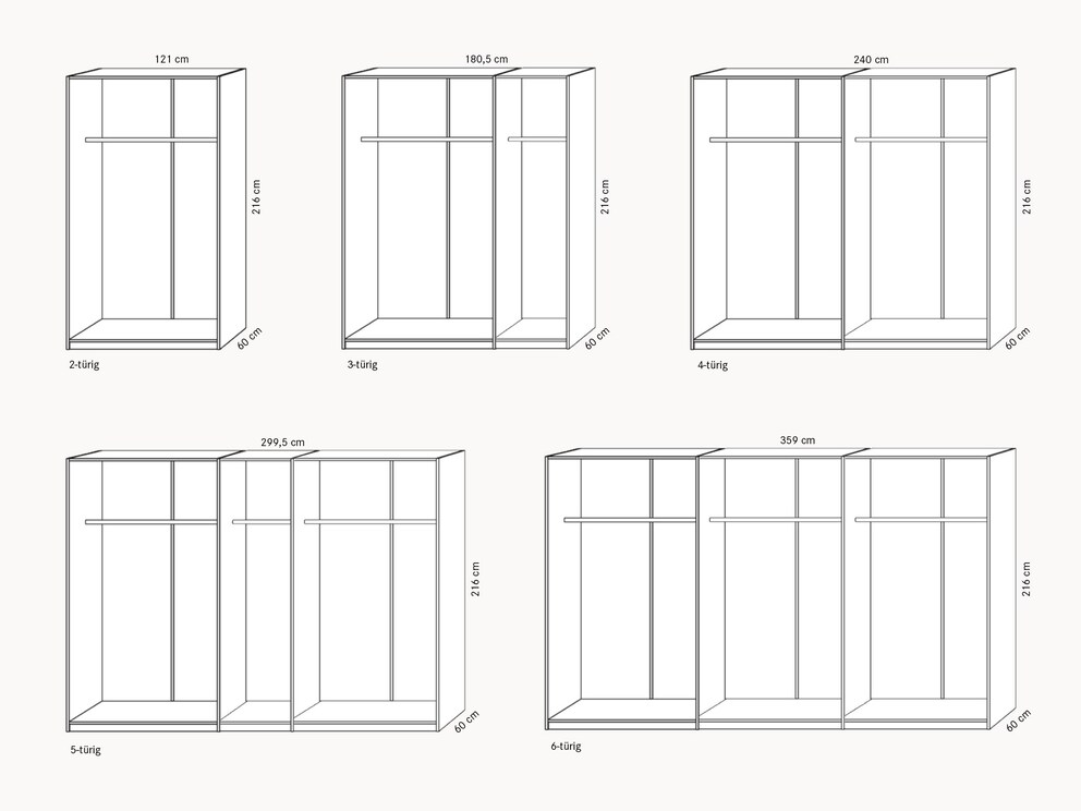 Schematische en gedimensioneerde weergave van de kastvarianten (60 mm raster)