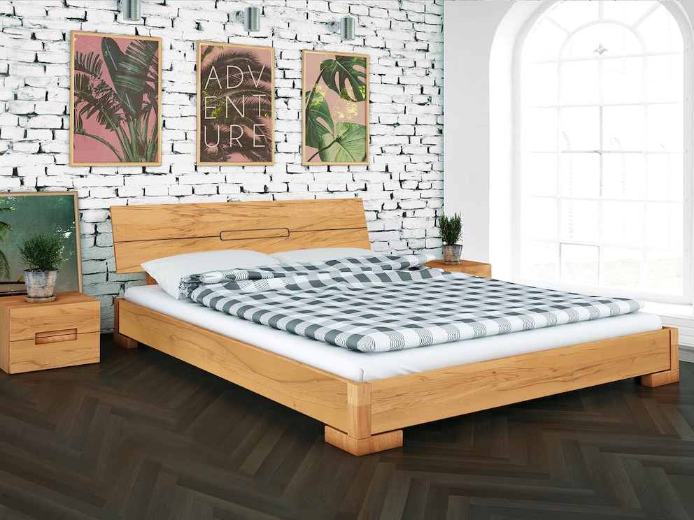 Lit « Genova » en cœur de hêtre huilé - ici, variante de tête de lit 03 avec des fraisages raffinés