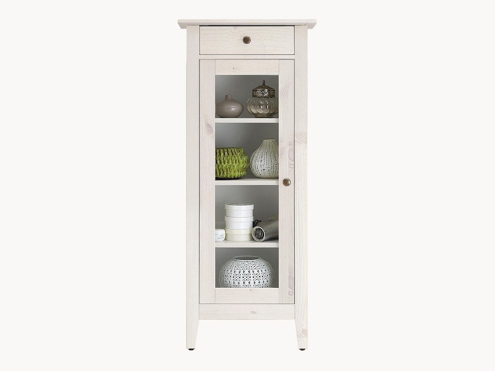 Halbhoher Midischrank mit Glasfront, Einlegeböden und praktischer Schublade