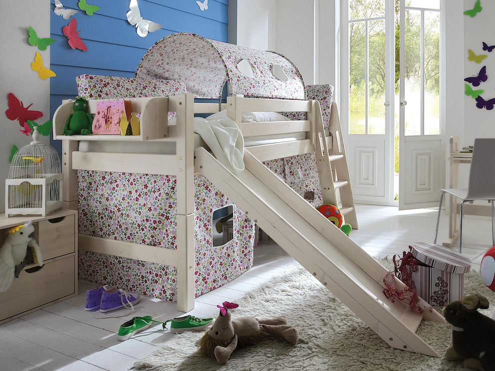 Mini lit surélevé avec escalier et toboggan - tunnel de Rideau de jeu et motif de petites fleurs