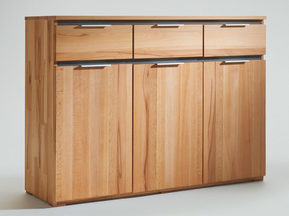 Verder dressoir uit variant 02 met drie smalle laden, links twee deuren onder, rechts een deur
