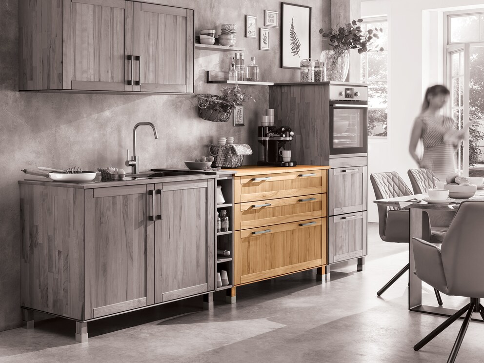 Élément bas de cuisine « Mediterano », ici variante 02 en cœur de hêtre animé