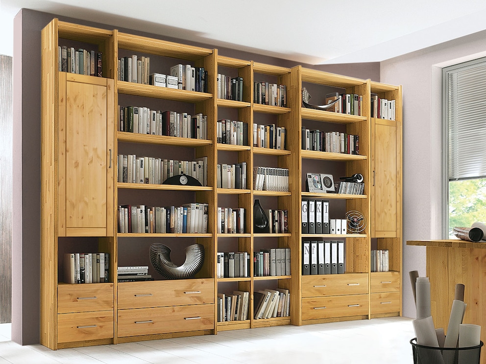 Ideal für Ihr Heimbüro - Kombination aus honigfarbener Kiefer, Tiefe 46 cm, mittlerer Teil Tiefe 33 cm, Holz-Kassettentüren und Bügelgriff aus Metall (04)