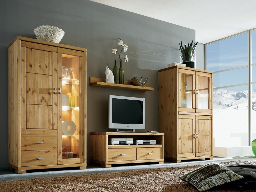 A gauche, highboard « Mascella » variante 03, à droite variante 01 en pin massif