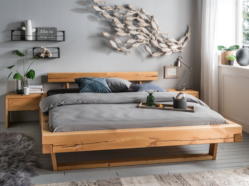 Lit à poutres suspendues « Astilla » avec surface naturelle lessivée/huilée