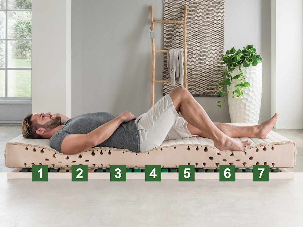 7 Liegezonen für körperangepasstes Liegen: (1) Kopf- und Nackenzone, (2) Schulter-Zone, (3) Lendenwirbel-Bereich, (4) Becken-Zone, (5) Schenkel-Zone, (6) Waden-Zone, (7) Fuß-Zone