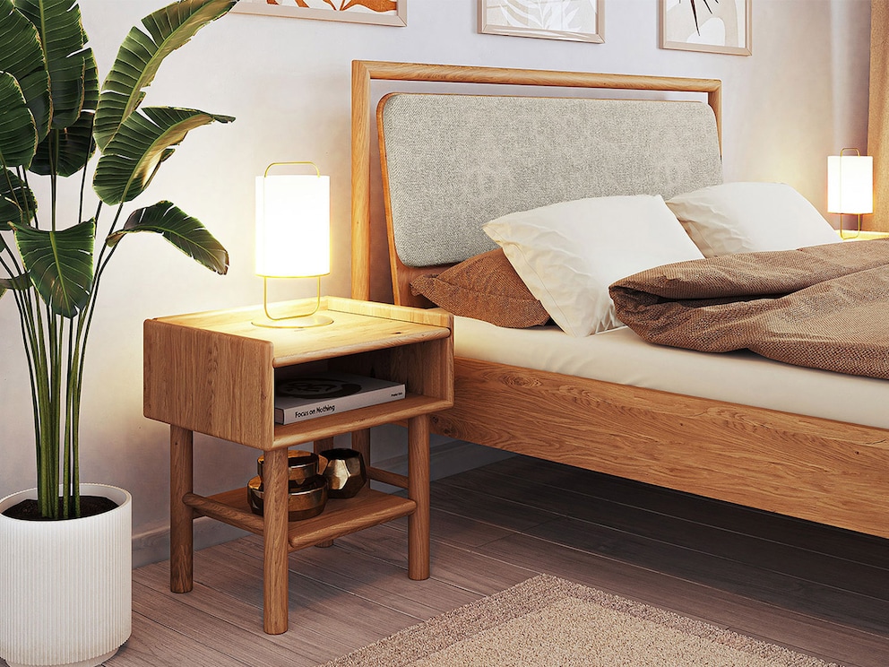 Nachtkastje Serea, open variant 01 – geolied wildeiken in mid-century stijl