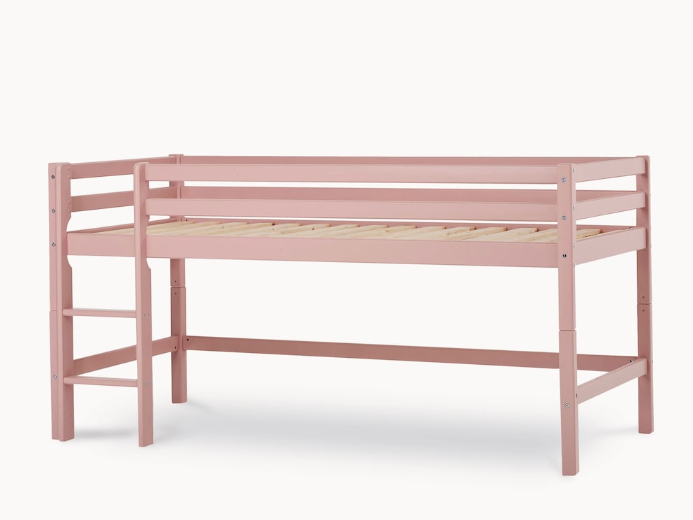 Für kleine Zimmer ist das Bett ideal, da es mehr Platz zum Spielen schafft, hier in Rosa