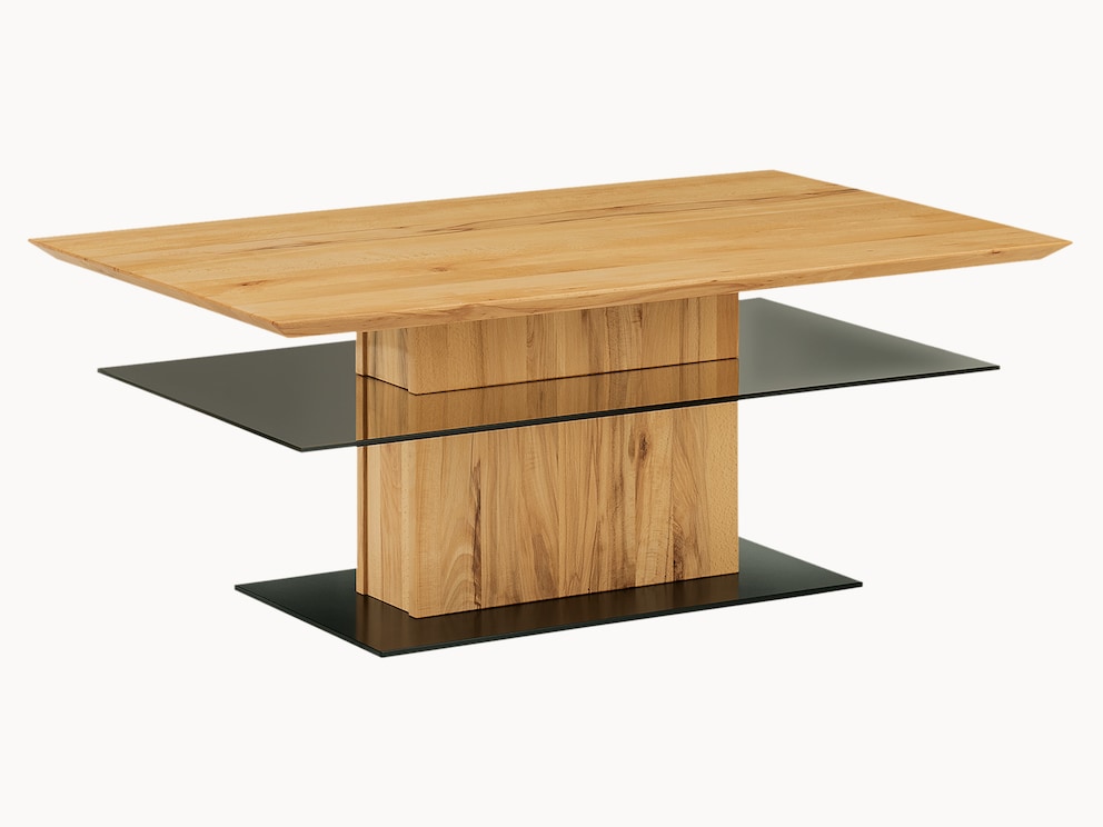 Salontafel Senera in wild hart beuken en met getint glazen opbergblad