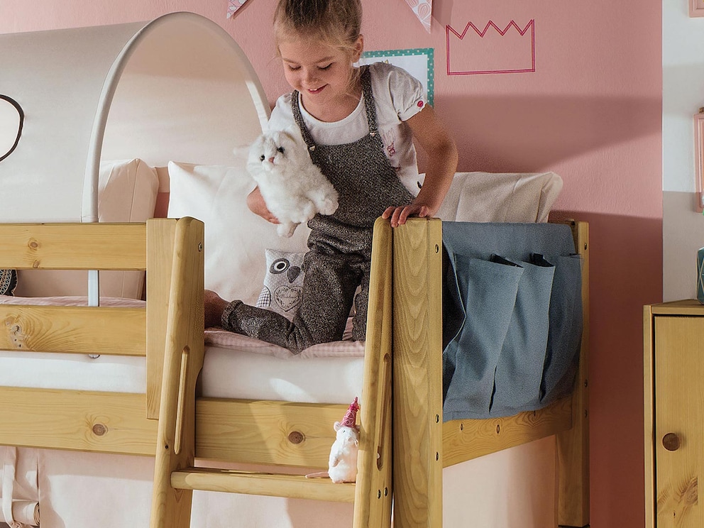 Avec le sac en tissu pratique, tout est à portée de main au lit - ici en couleur pétrole