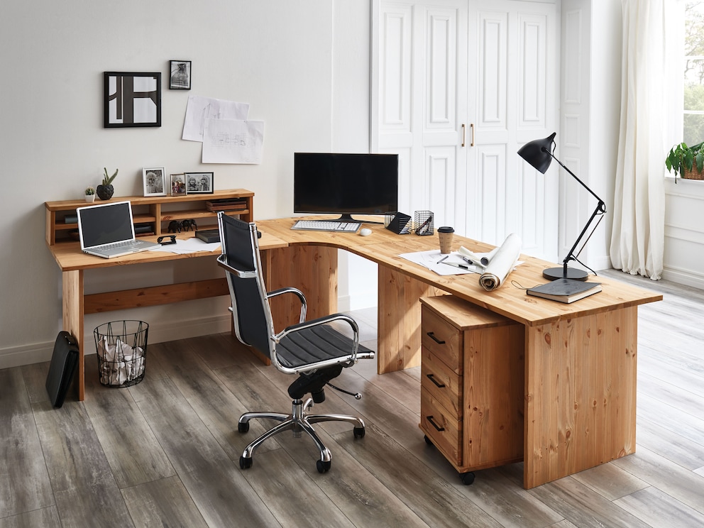 Le poste de travail idéal à domicile : solution d'angle de bureau élégante en pin