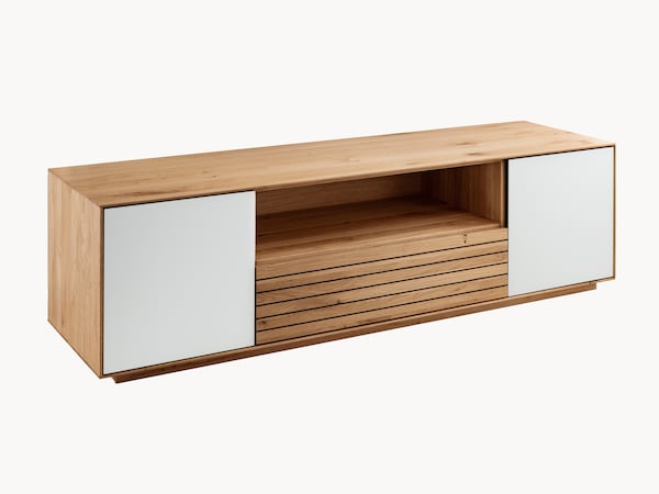 Modern und klar: Lowboard Fiella mit Weißglas-Türen und breiter Schublade