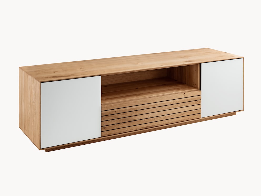 Modern en strak: tv-meubel Fiella met witte glazen deuren en brede lade